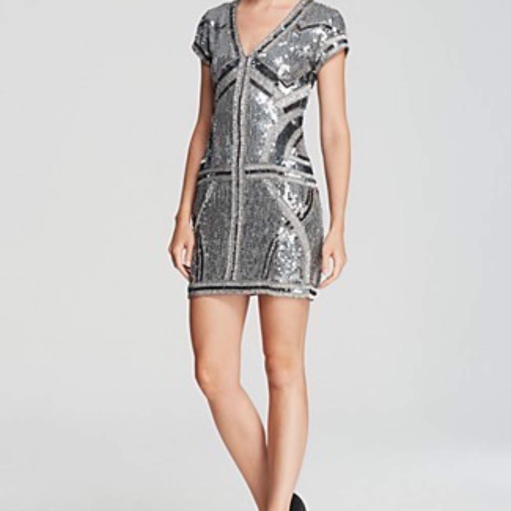 NWT Parker Serena Silk Sequin Deco Silver Dress XS NWT Damaged